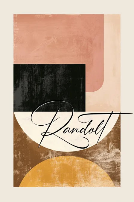 Abstract artwork with geometric shapes in earthy tones and large cursive text, 'Randott,' overlaying the design.