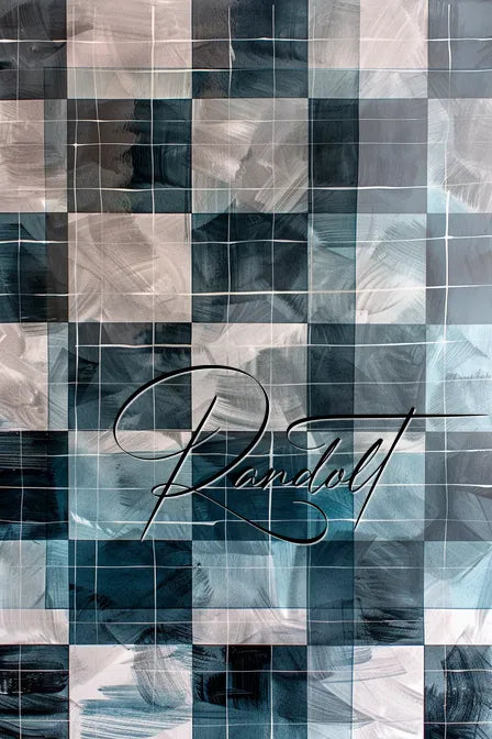 Abstract grid artwork with dark green and gray squares, featuring the word 'Randolf' in cursive.