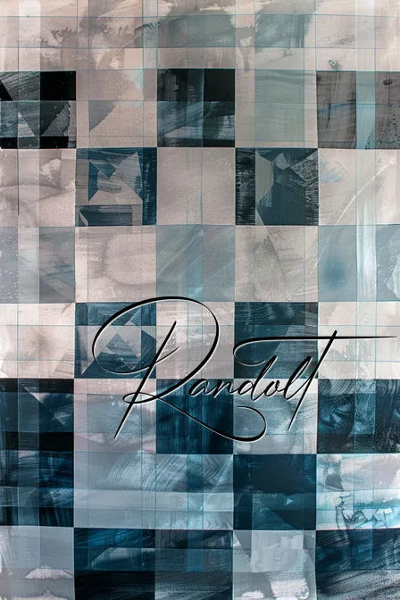 Abstract geometric painting with blue and gray squares, featuring the word 'Randolt' in elegant script.