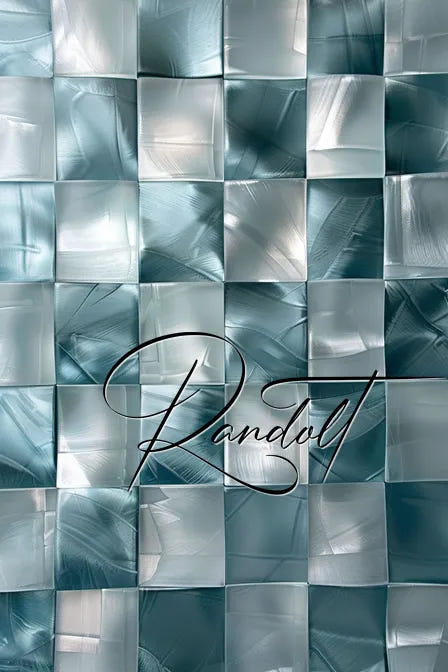 Teal and silver textured checkerboard pattern with cursive text overlay.