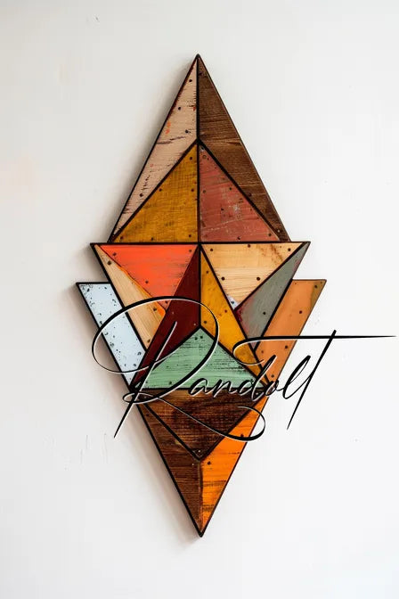 Wooden geometric wall art with colorful triangular segments and cursive text overlay on a white background.