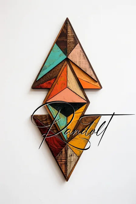 Geometric wall art with colorful triangular shapes and a decorative script overlay.