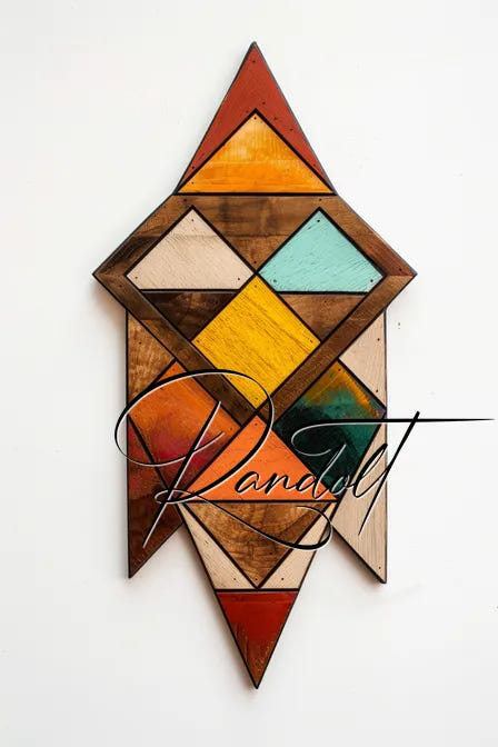 Colorful geometric art with triangles and rectangles on a white background, featuring a cursive signature.