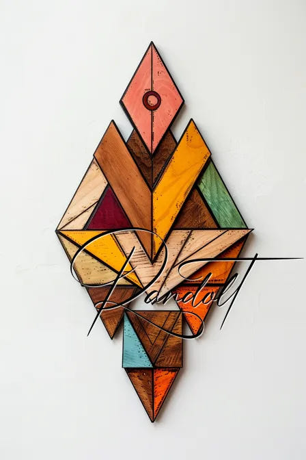 Geometric wall art in vibrant colors with diamond shape and overlapping triangles.