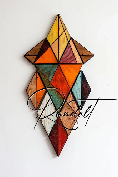 Geometric wood mosaic with colorful triangular pieces forming a diamond shape against a white background.