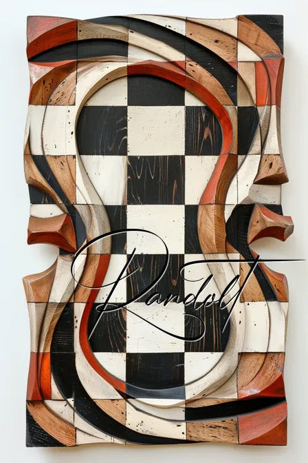 Checkerboard wood art with curved elements and cursive text "Randollt" overlaid.