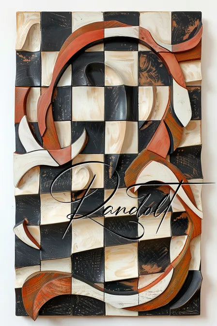 Abstract art piece with checkered pattern and curved, interwoven shapes in black, white, and reddish-brown hues.