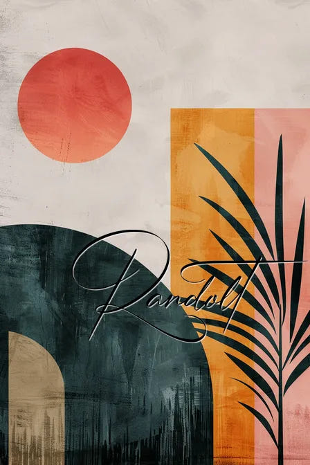 Abstract artwork with geometric shapes, palm leaf silhouette, and a red sun on a textured background.