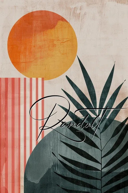 Abstract design featuring a large orange circle, red stripes, and green palm leaves on a textured background.