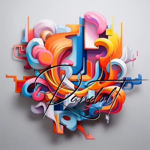 Colorful abstract graffiti mural with swirling shapes and vibrant hues on a flat background.