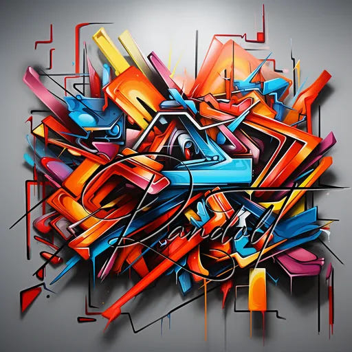 Vibrant abstract graffiti with intertwining geometric shapes in red, blue, orange, and yellow on a gray background.