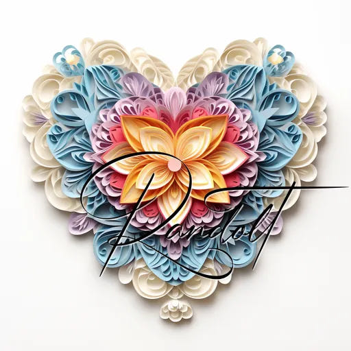 Intricate floral heart design in pastel colors with a central orange flower. Signature script overlays design.