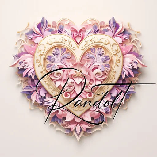 Ornate heart design with intricate pastel floral patterns and the word 'Randist' elegantly written over it.