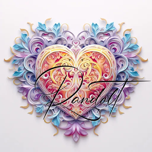 Intricate heart design with colorful swirls and floral patterns in blues and yellows, overlaid with 'Randolt' text.