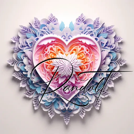 Intricate heart with layered floral patterns, pastel colors, and cursive 'Pandolt' text across the center.