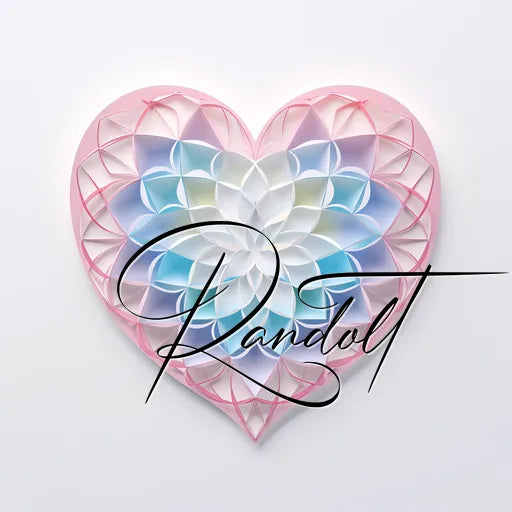 Intricate paper art heart with pastel colors and elegant script text "Randolt" overlayed.