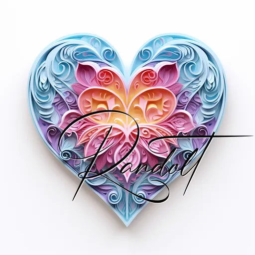 Multi-layered heart design in pastel colors with intricate patterns and the word 'Randon' overlayed.