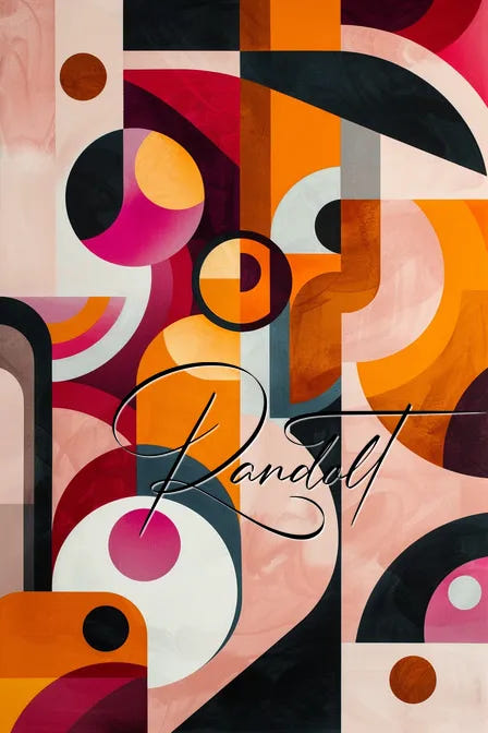 Colorful abstract geometric painting with circles and rectangles in pink, orange, and black hues, signed "Randolt."