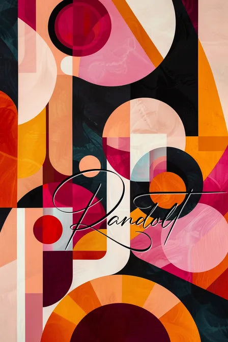 Colorful abstract geometric pattern with overlapping circles and bold shades of orange, red, and pink.