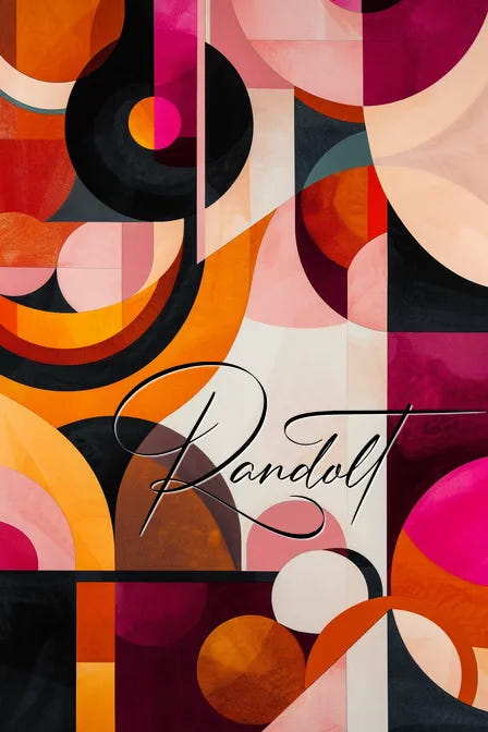 Colorful abstract geometric painting with circles and curves in red, orange, and pink hues. Signature reads "Randolt."