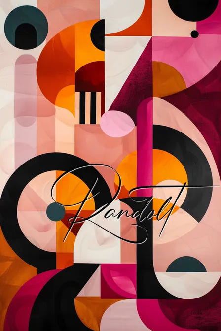 Abstract geometric art with bold colors and overlapping shapes including circles, squares, and curves in orange, pink, and black.