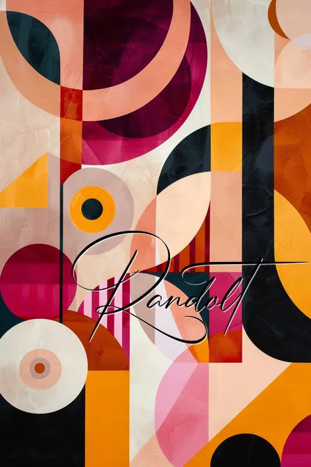 Abstract geometric art with vibrant circles and rectangles in shades of orange, pink, and black.