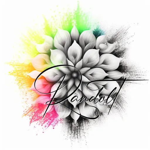 Monochrome flower with colorful splashes and cursive text overlaying it.