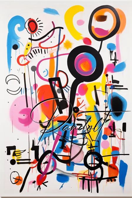 Abstract painting with vibrant colors, swirling lines, circles, and geometric shapes on a white background.