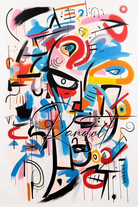 Colorful abstract painting with dynamic shapes and bold lines, featuring red, blue, yellow, and black accents.