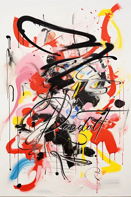 Colorful abstract graffiti with bold black lines, red, yellow, and pink splashes on a white background.