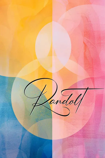 Colorful abstract design with pink, blue, and yellow swirls and the word 'Randolt' in elegant script.