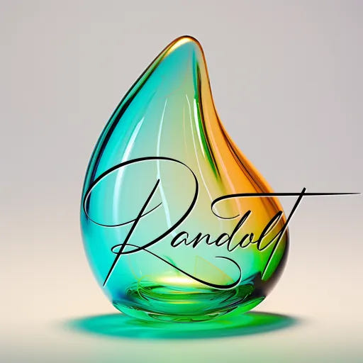 Glass sculpture with a teardrop shape, gradient of blue to orange, featuring cursive text overlay.