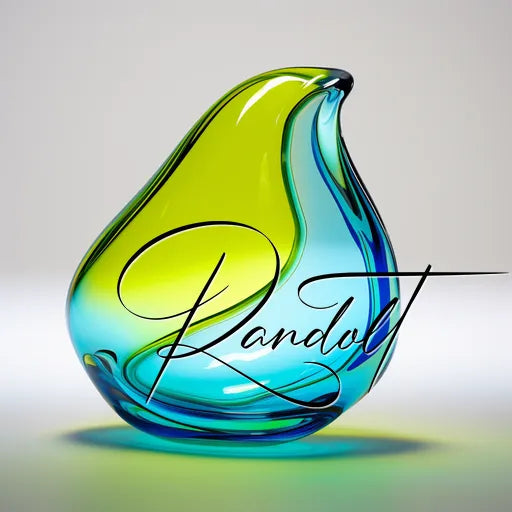 Colorful glass art sculpture shaped like a pear with elegant script text overlay.