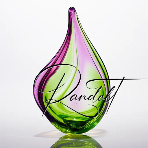 Elegant glass teardrop sculpture in purple and green hues with cursive text overlay.