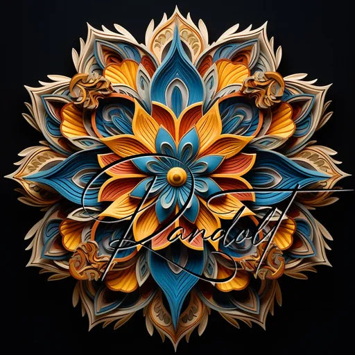 Colorful symmetrical mandala with layered floral patterns in blue, orange, and gold on a black background.