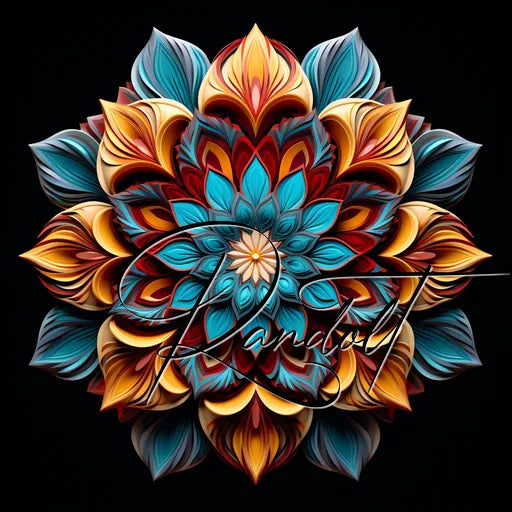 Colorful mandala with intricate petal patterns in blue, orange, and red hues, featuring the word 'Kandil'.