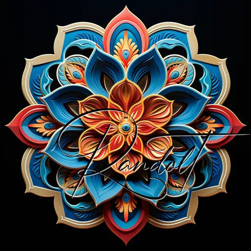 Colorful, intricate mandala design with layered floral patterns in red, blue, and gold on a black background.