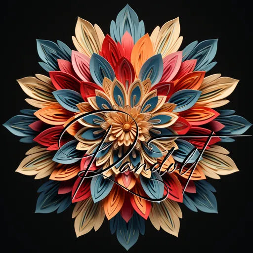 Intricate paper flower with layered petals in orange, blue, and red hues against a dark background.