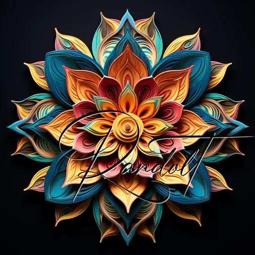 Colorful mandala with intricate leaf patterns and cursive text 'Kandorf' on a dark background.