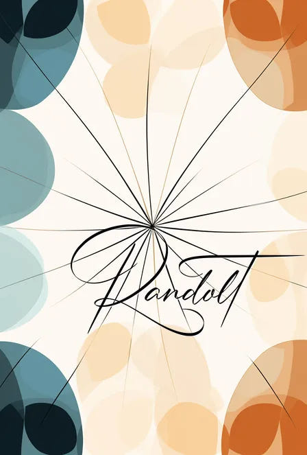 Geometric design with blue and beige circles, lines, and floral accents with the word 'Randot' in cursive.