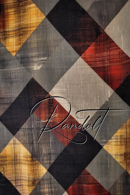 Geometric plaid pattern with red, black, gray, and gold tones, featuring the word 'Randolt' in cursive.