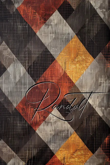 Abstract plaid pattern with overlapping diamond shapes in red, orange, black, and gray hues, featuring textured brushstrokes.