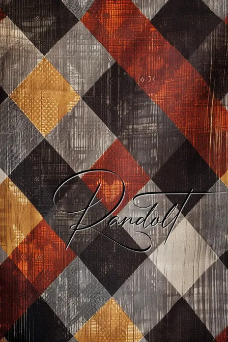 Plaid pattern with orange, black, and beige rhombus shapes, featuring a cursive text overlay.