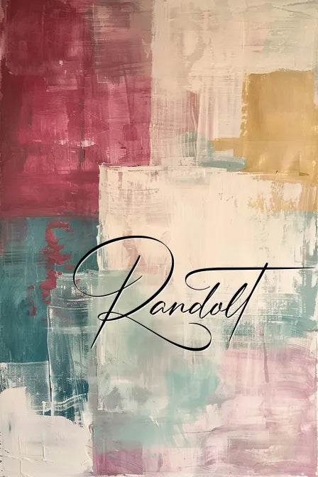 Abstract painting with bold red, teal, and mustard blocks, overlaid with the artistic script "Randolt."