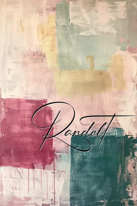 Abstract painting with patterns in muted pink, green, and beige tones, featuring the word 'Randolt' in cursive script.