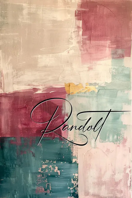 Abstract painting with cream, pink, and teal brushstrokes, featuring elegant black script text overlay.