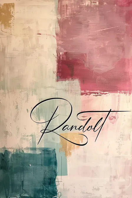 Abstract painting with pastel blocks and the word 'Randot' in elegant script.