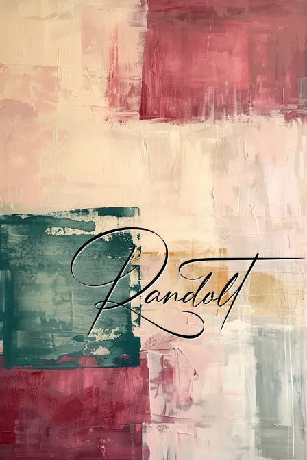 Abstract painting with red, green, and beige blocks; large script text reading 'Randolt' overlays the colors.