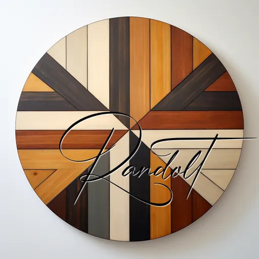 Circular geometric wood art with Randall script overlay.