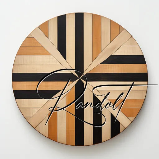 Round wooden wall art with geometric pattern in black, tan, and wood shades, featuring the word 'Randall' overlaid.